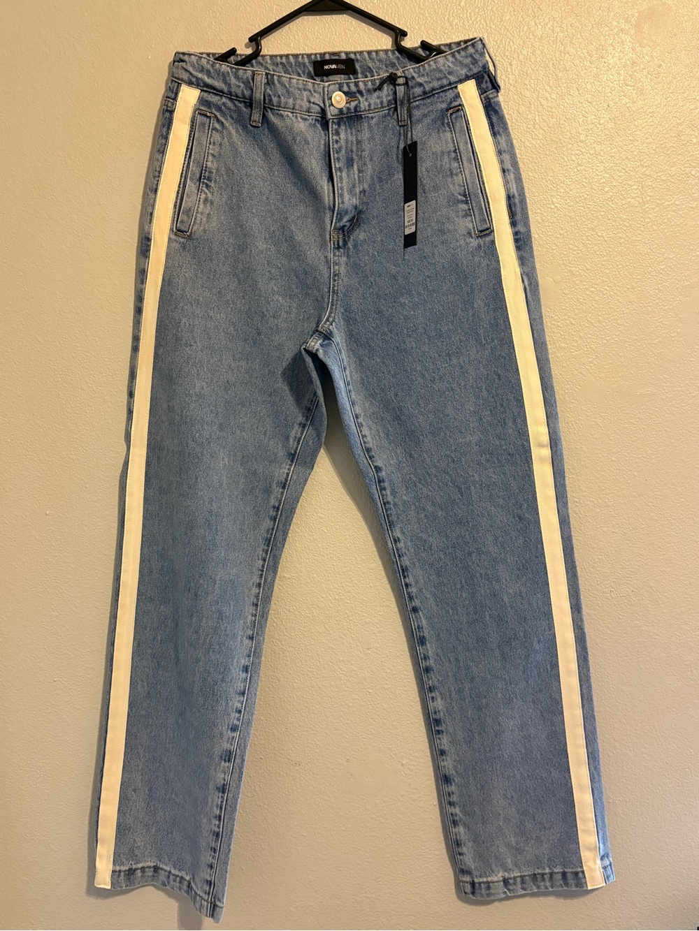 Fashion Nova Light Blue Denim Jeans with Cream Side Stripes